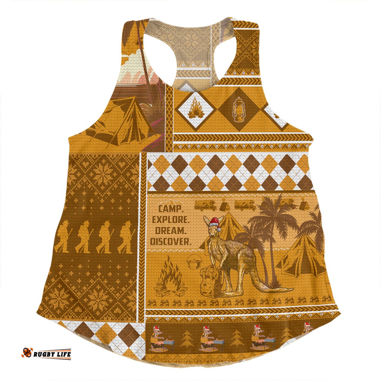 Australia Camping Christmas Women Racerback Singlet - Xmas Camping With Kangaroo Vintage Women Racerback Singlet