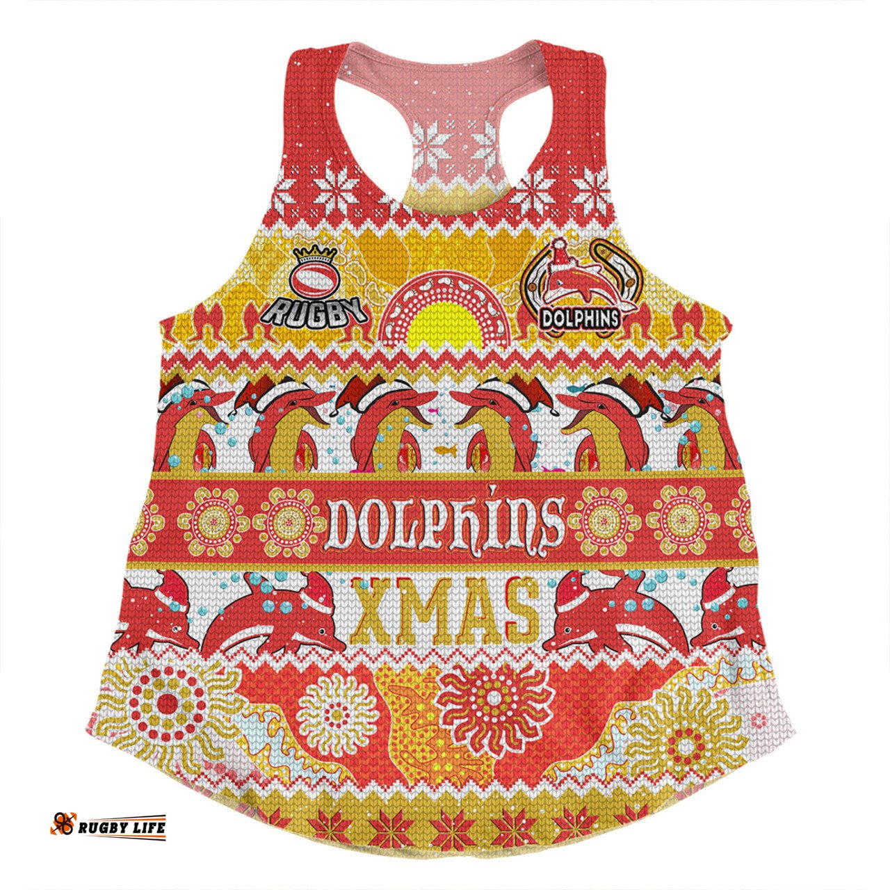 Redcliffe Dolphins Christmas Aboriginal Custom Women Racerback Singlet - Indigenous Knitted Ugly Xmas Style Women Racerback Singlet