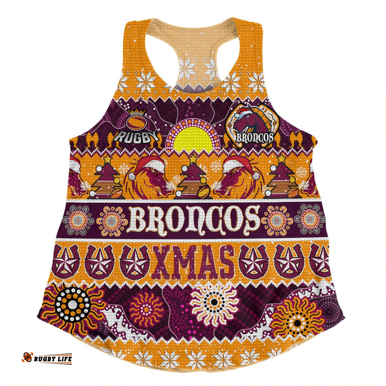 Brisbane Broncos Christmas Aboriginal Custom Women Racerback Singlet - Indigenous Knitted Ugly Xmas Style Women Racerback Singlet