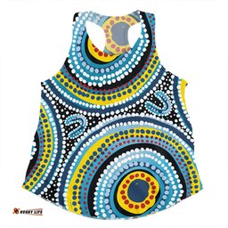 Australia Dot Painting Inspired Aboriginal Women Racerback Singlet - Blue Aboriginal Style Dot Art Women Racerback Singlet