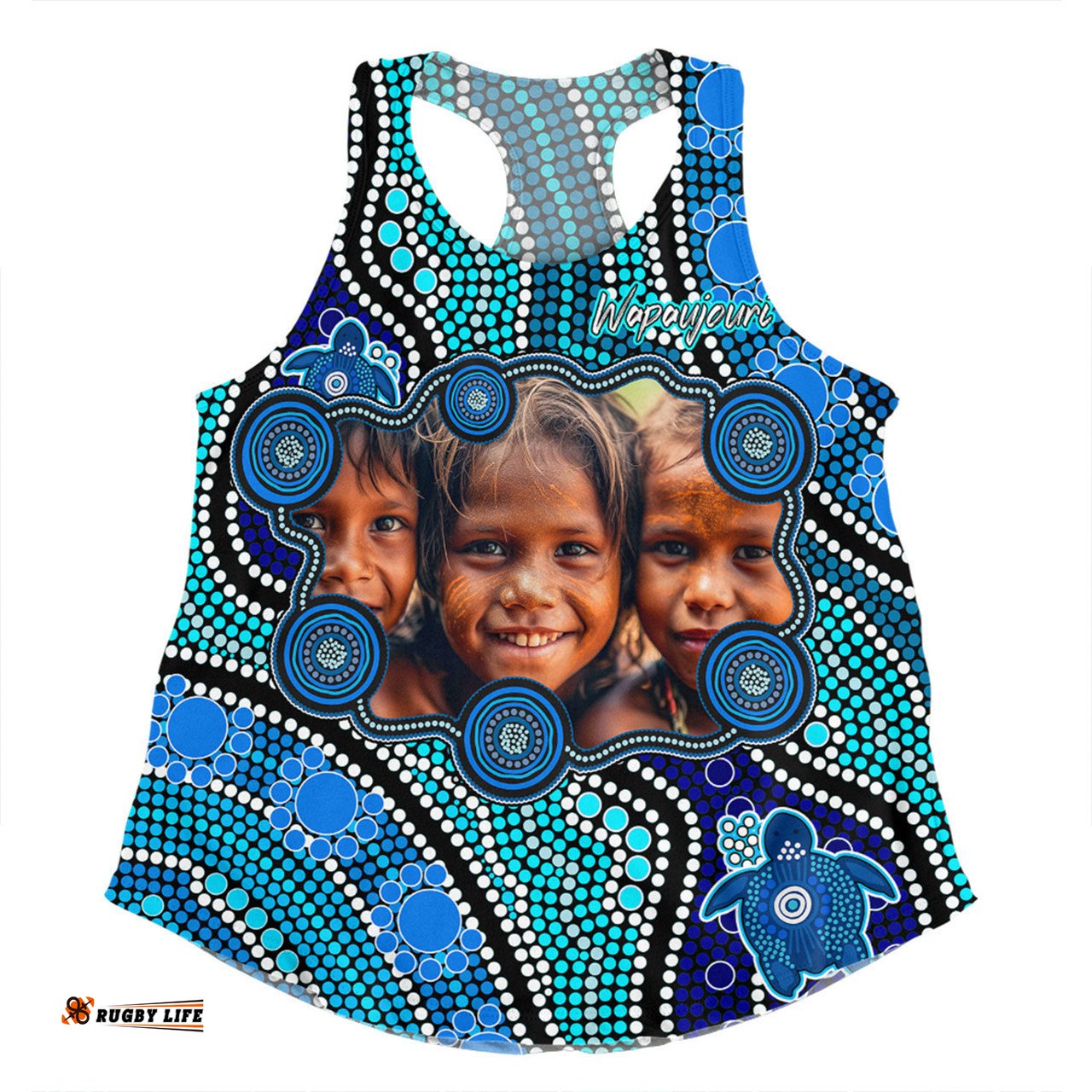 Australia Personalised Aboriginal Custom Women Racerback Singlet - River And Turtles Dot Art Painting Blue Women Racerback Singlet