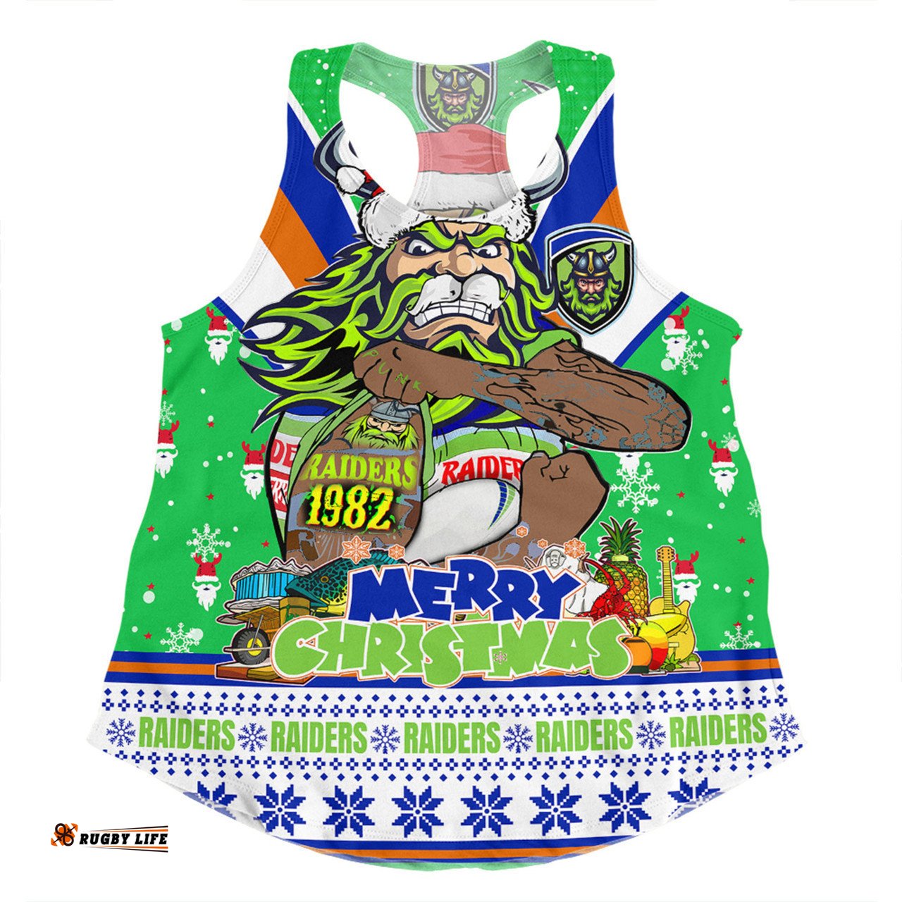 Canberra Raiders Christmas Custom Women Racerback Singlet - Canberra Viking Santa Aussie Big Things Women Racerback Singlet