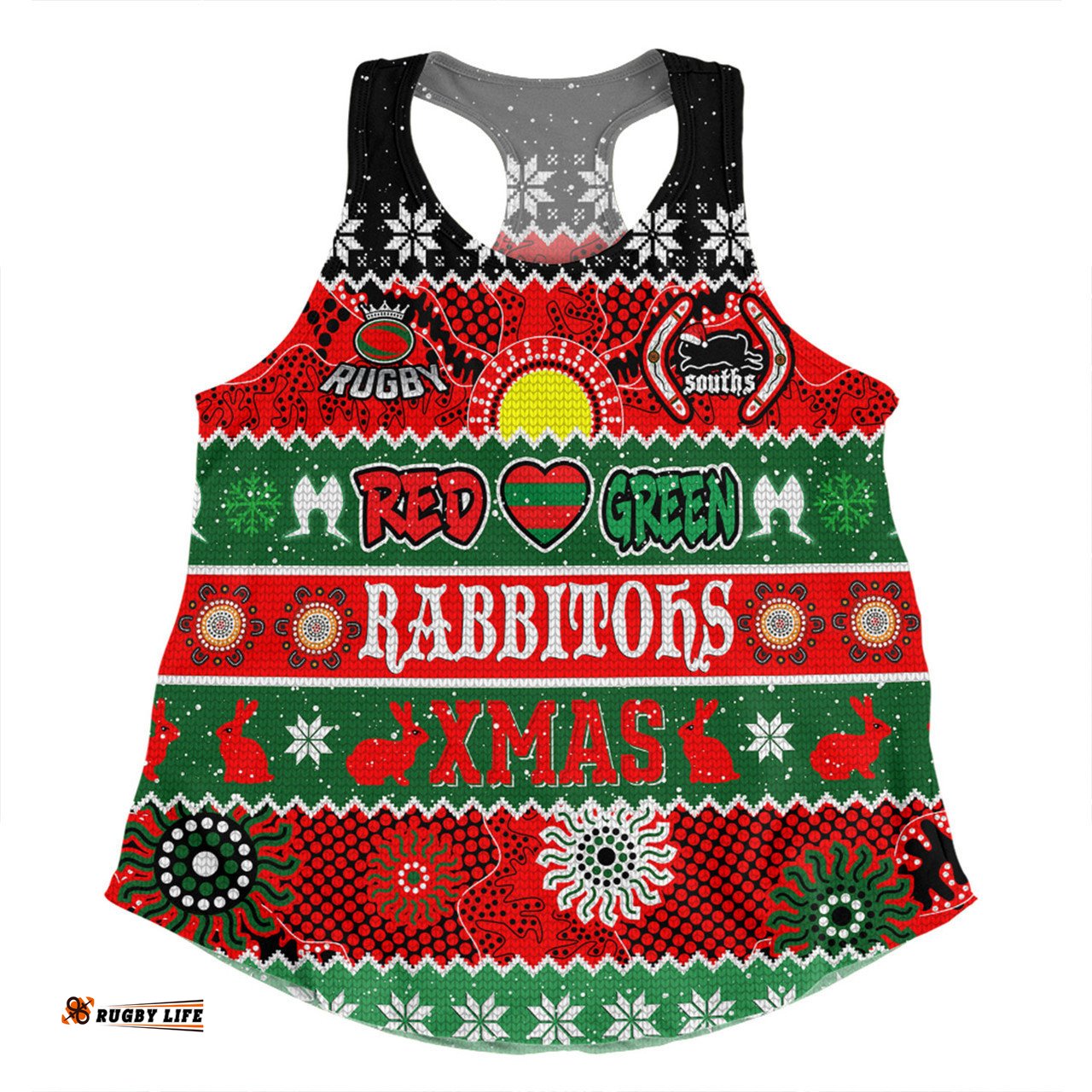 South Sydney Rabbitohs Aboriginal Custom Women Racerback Singlet - Indigenous Knitted Ugly Xmas Style Women Racerback Singlet
