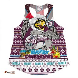 Manly Warringah Sea Eagles Christmas Custom Women Racerback Singlet - Manly Santa Aussie Big Things Women Racerback Singlet