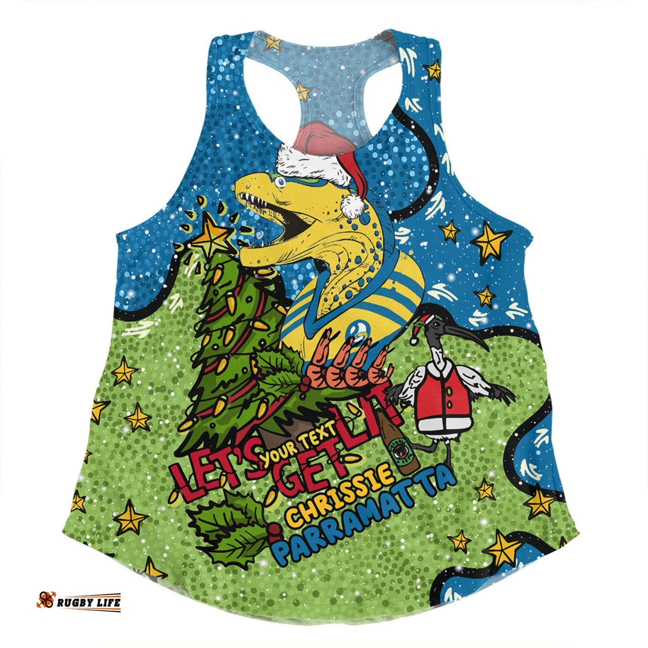 Parramatta Eels Christmas Custom Women Racerback Singlet - Let's Get Lit Chrisse Pressie Women Racerback Singlet
