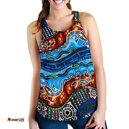 Australia Women Racerback Tank - Aboriginal Inspired Lizard Dot Painting Blue Wave