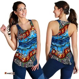Australia Women Racerback Tank - Aboriginal Inspired Lizard Dot Painting Blue Wave