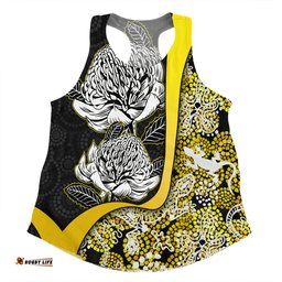 Australia  Warratah Goanna Aboriginal Women Racerback Singlet - Waratah Flowers With Yellow Lizards, Stones, Sand Dot Art Painting Inspired Women Racerback Singlet