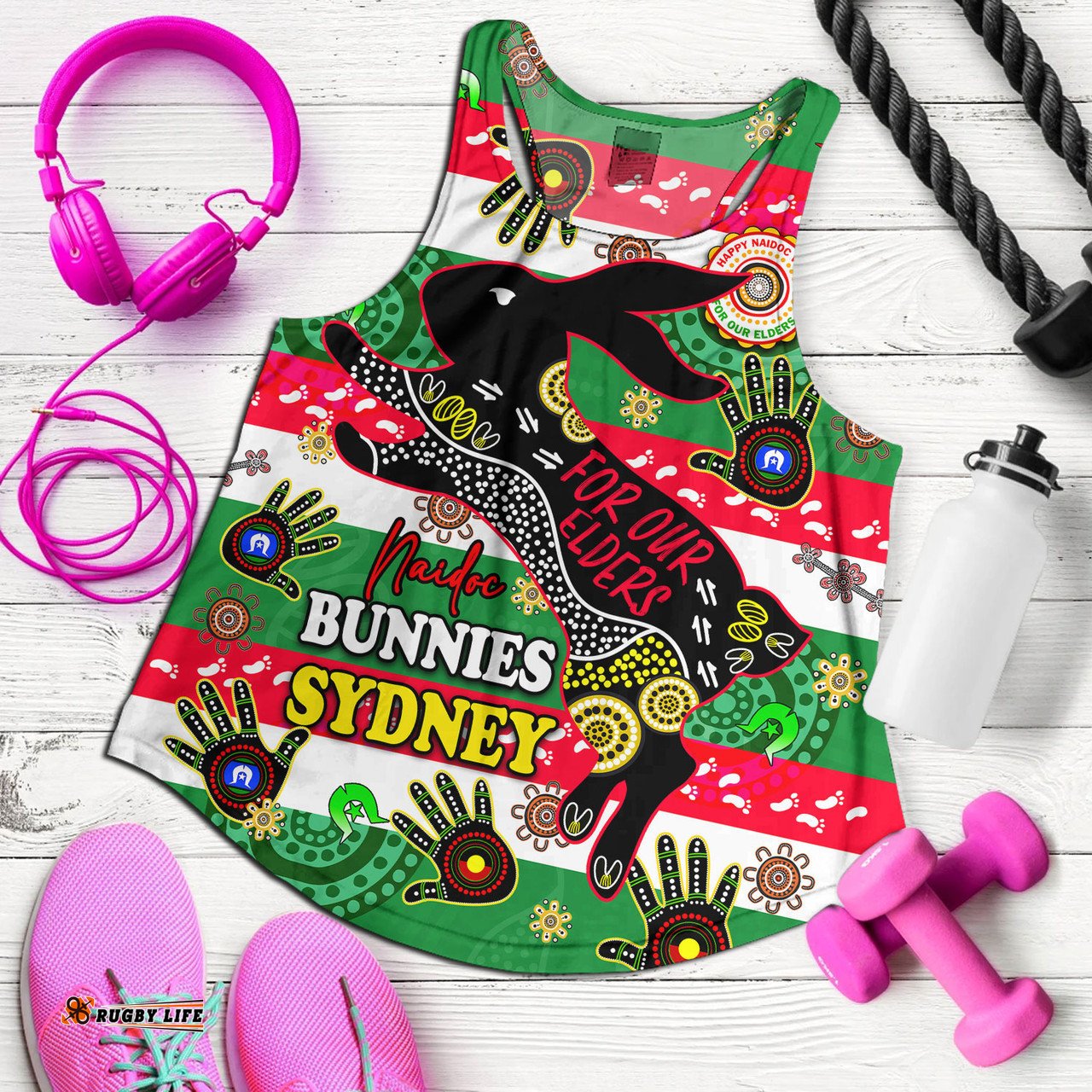 South Sydney Rabbitohs Women Racerback Tank - For Our Elders Aboriginal Inspired