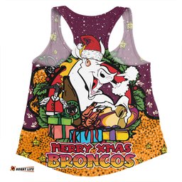 Brisbane Broncos Christmas Custom Women Racerback Singlet - Merry Christmas Our Beloved Team With Aboriginal Dot Art Pattern Women Racerback Singlet