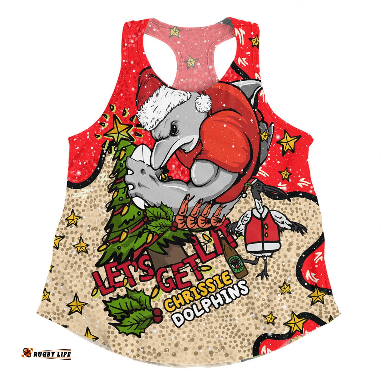 Redcliffe Dolphins Christmas Custom Women Racerback Singlet - Let's Get Lit Chrisse Pressie Women Racerback Singlet