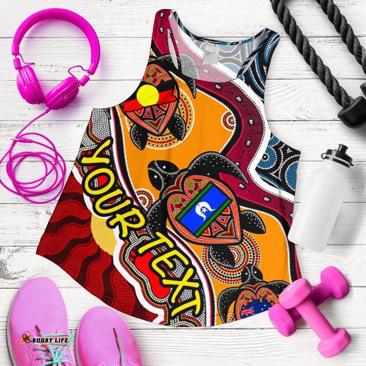 Custom Australia Women Racerback Tank - Australia Aboriginal Inspired Dots With Turtle and NAIDOC Flags