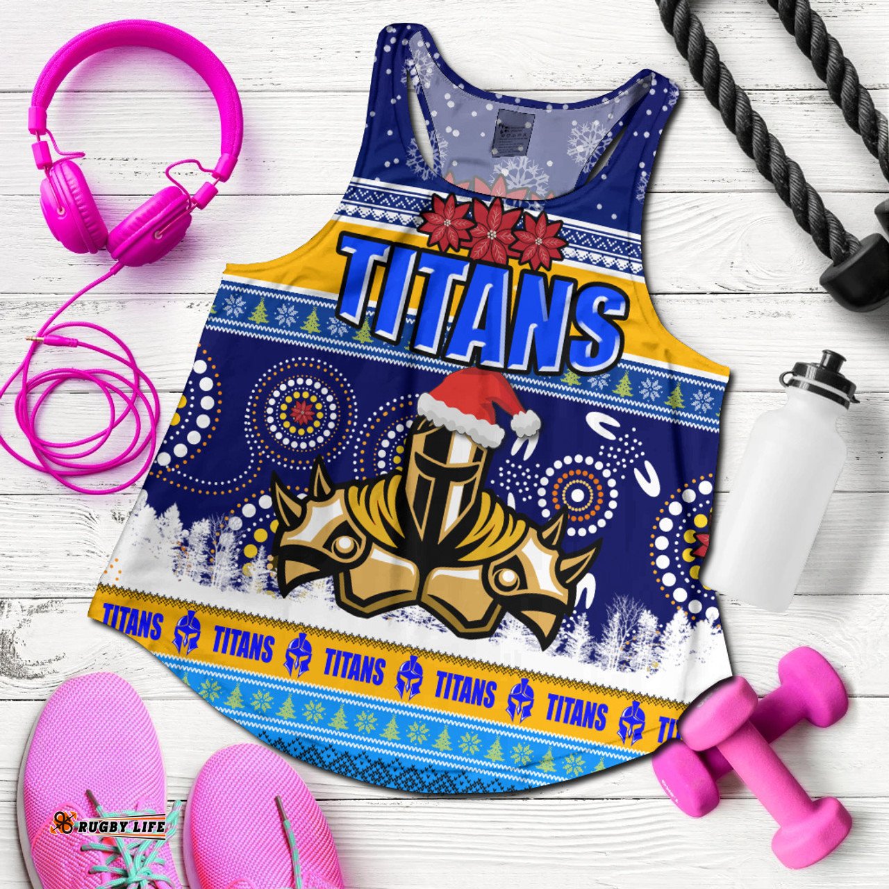 Gold Coast Titans Women Racerback Tank - Gold Coast Titans Ugly Christmas And Aboriginal Patterns Women Racerback Tank