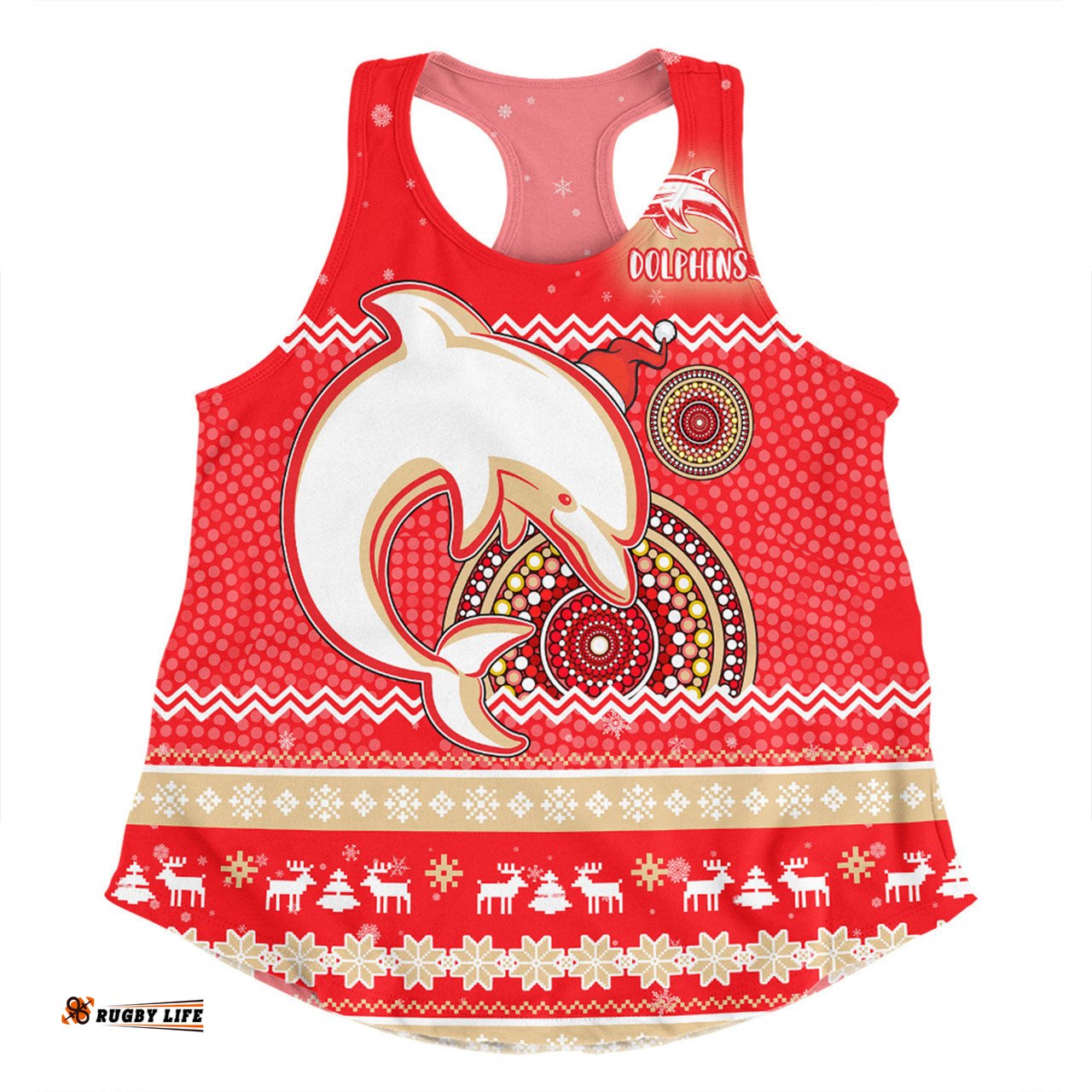 Redcliffe Dolphins Christmas Custom Women Racerback Singlet - Ugly Xmas And Aboriginal Patterns For Die Hard Fan Women Racerback Singlet