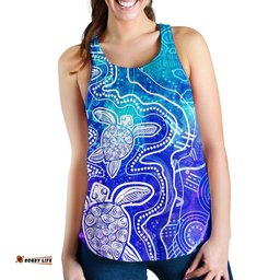 Aboriginal Women's Racerback Tank Sea Turtle With Indigenous Patterns Blue