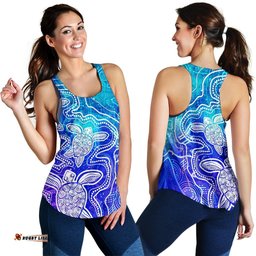 Aboriginal Women's Racerback Tank Sea Turtle With Indigenous Patterns Blue