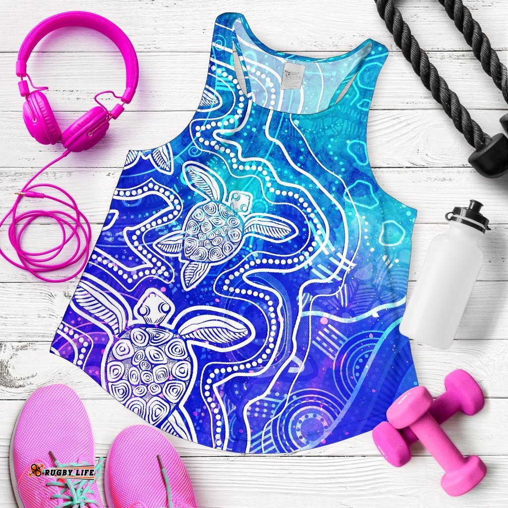Aboriginal Women's Racerback Tank Sea Turtle With Indigenous Patterns Blue
