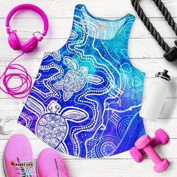 Aboriginal Women's Racerback Tank Sea Turtle With Indigenous Patterns Blue
