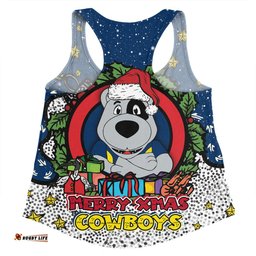 North Queensland Cowboys Christmas Custom Women Racerback Singlet - Merry Christmas Our Beloved Team With Aboriginal Dot Art Pattern Women Racerback Singlet