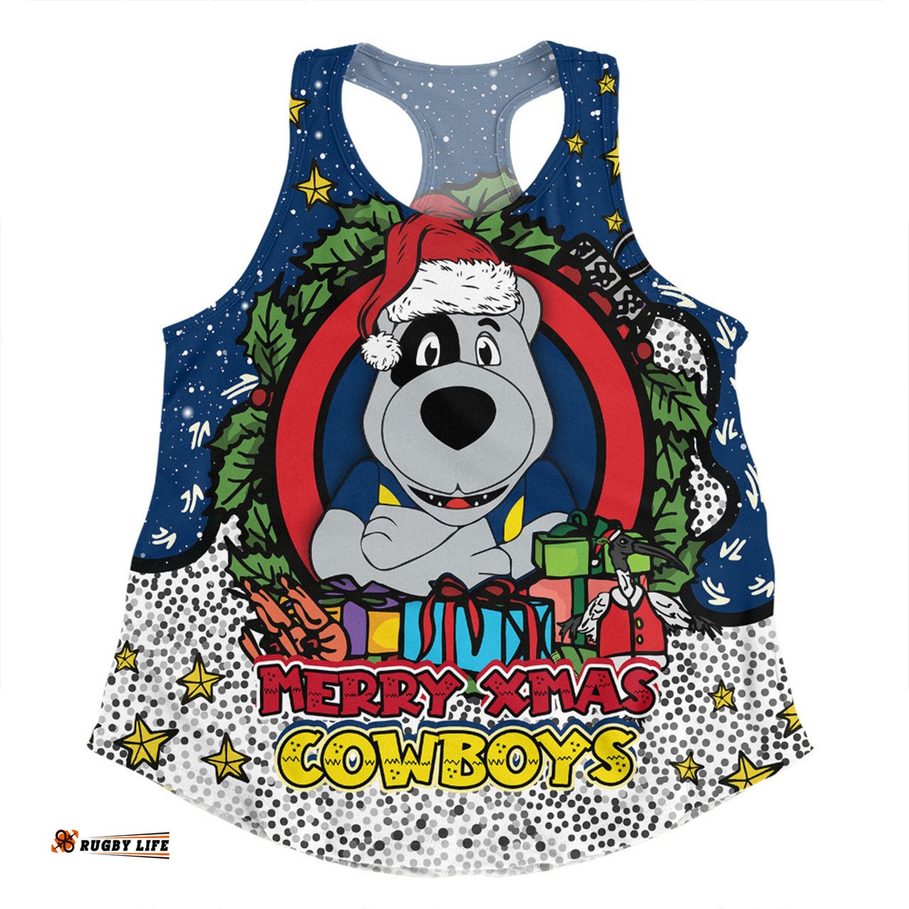 North Queensland Cowboys Christmas Custom Women Racerback Singlet - Merry Christmas Our Beloved Team With Aboriginal Dot Art Pattern Women Racerback Singlet