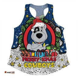 North Queensland Cowboys Christmas Custom Women Racerback Singlet - Merry Christmas Our Beloved Team With Aboriginal Dot Art Pattern Women Racerback Singlet