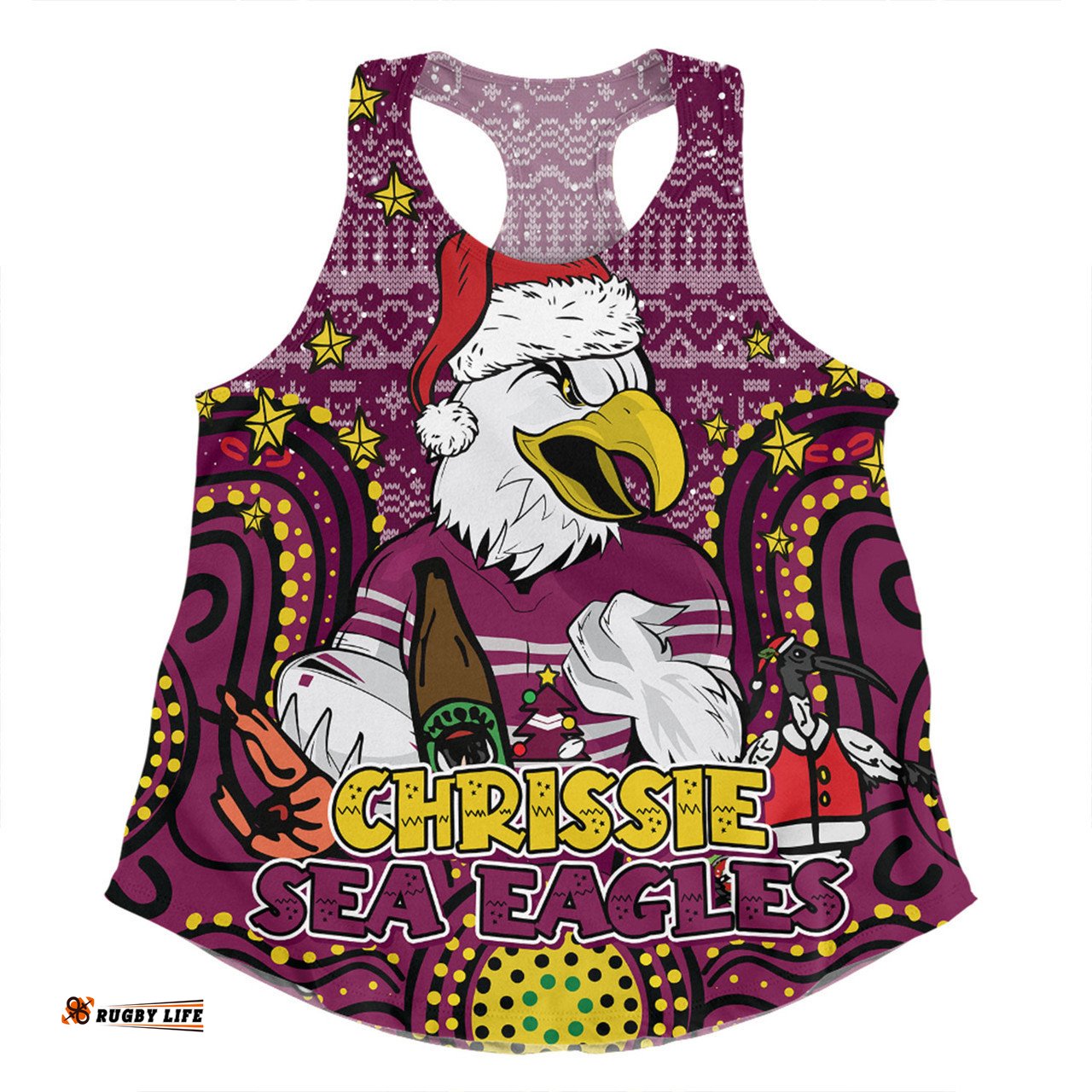 Manly Warringah Sea Eagles Christmas Custom Women Racerback Singlet - Christmas Knit Patterns Vintage Jersey Ugly Women Racerback Singlet