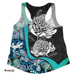 Australia  Warratah Goanna Aboriginal Women Racerback Singlet - Waratah Flowers With Blue Lizards, Stones, Sand Dot Art Painting Inspired Women Racerback Singlet
