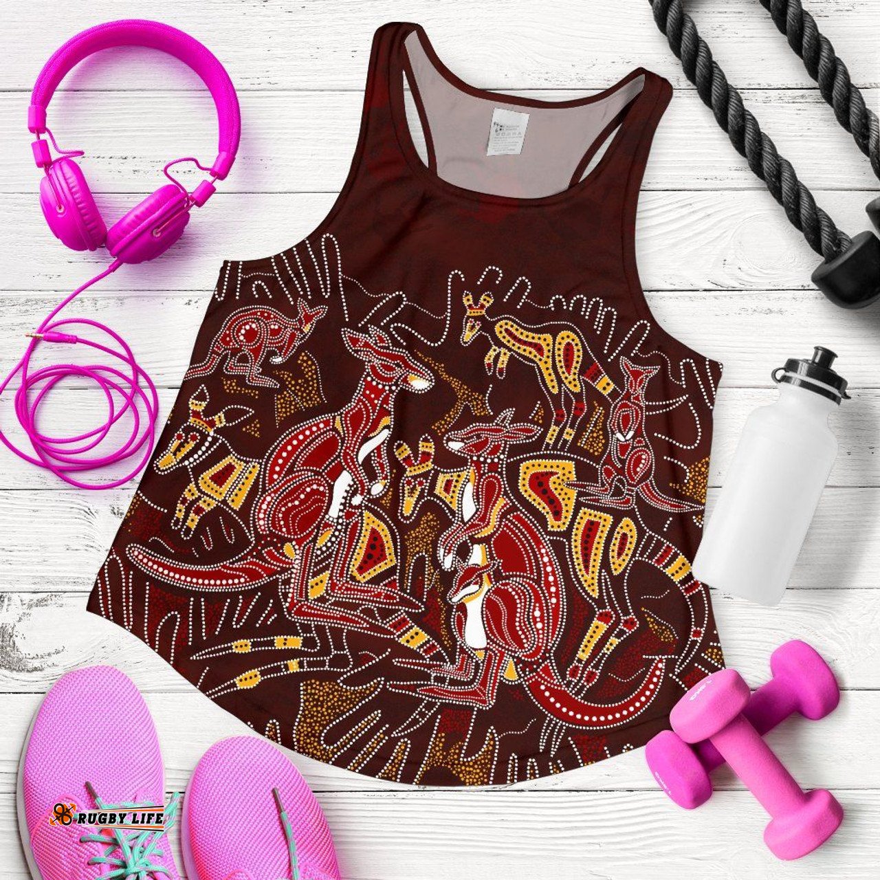 Australia Aboriginal Inspired Women Racerback Tank - Kangaroo family with Hand Art