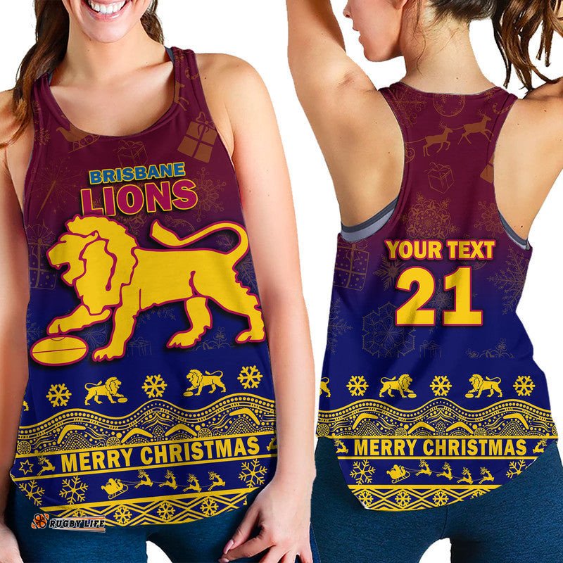 Custom Personalised And Number Brisbane Unique Lions Winter Season Women Racerback Tank Lions Merry Christmas