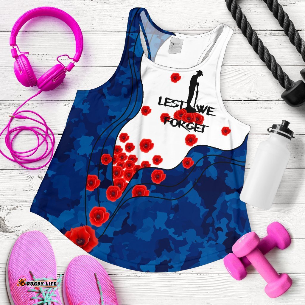 Anzac Lest We Forget Women's Racerback Tank Australian Flag Blue