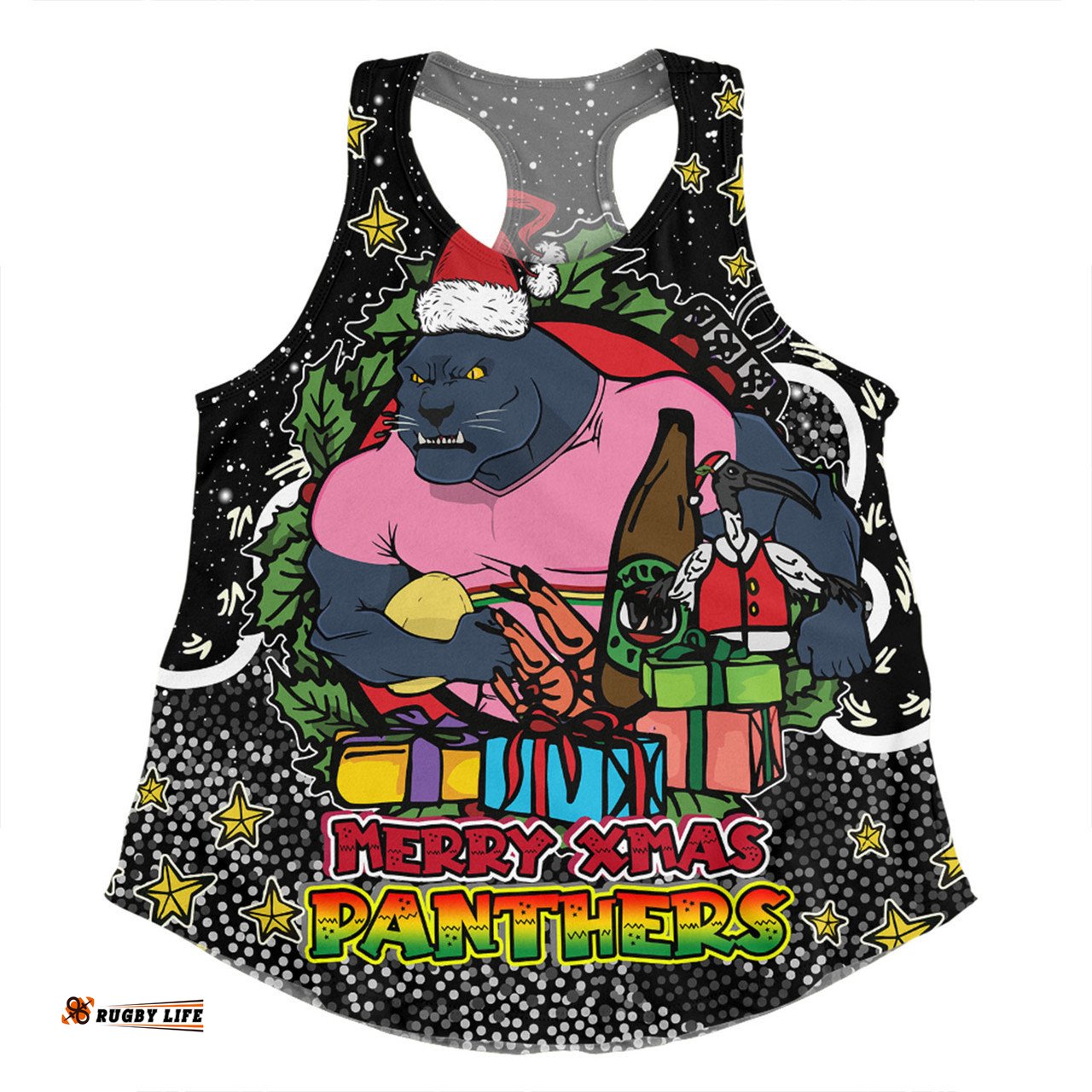 Penrith Panthers Christmas Custom Women Racerback Singlet - Merry Christmas Our Beloved Team With Aboriginal Dot Art Pattern Women Racerback Singlet
