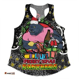 Penrith Panthers Christmas Custom Women Racerback Singlet - Merry Christmas Our Beloved Team With Aboriginal Dot Art Pattern Women Racerback Singlet