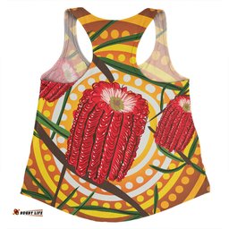 Australia Flowers Aboriginal Women Racerback Singlet - Aboriginal Dot Painting With Red Banksia Flower Women Racerback Singlet