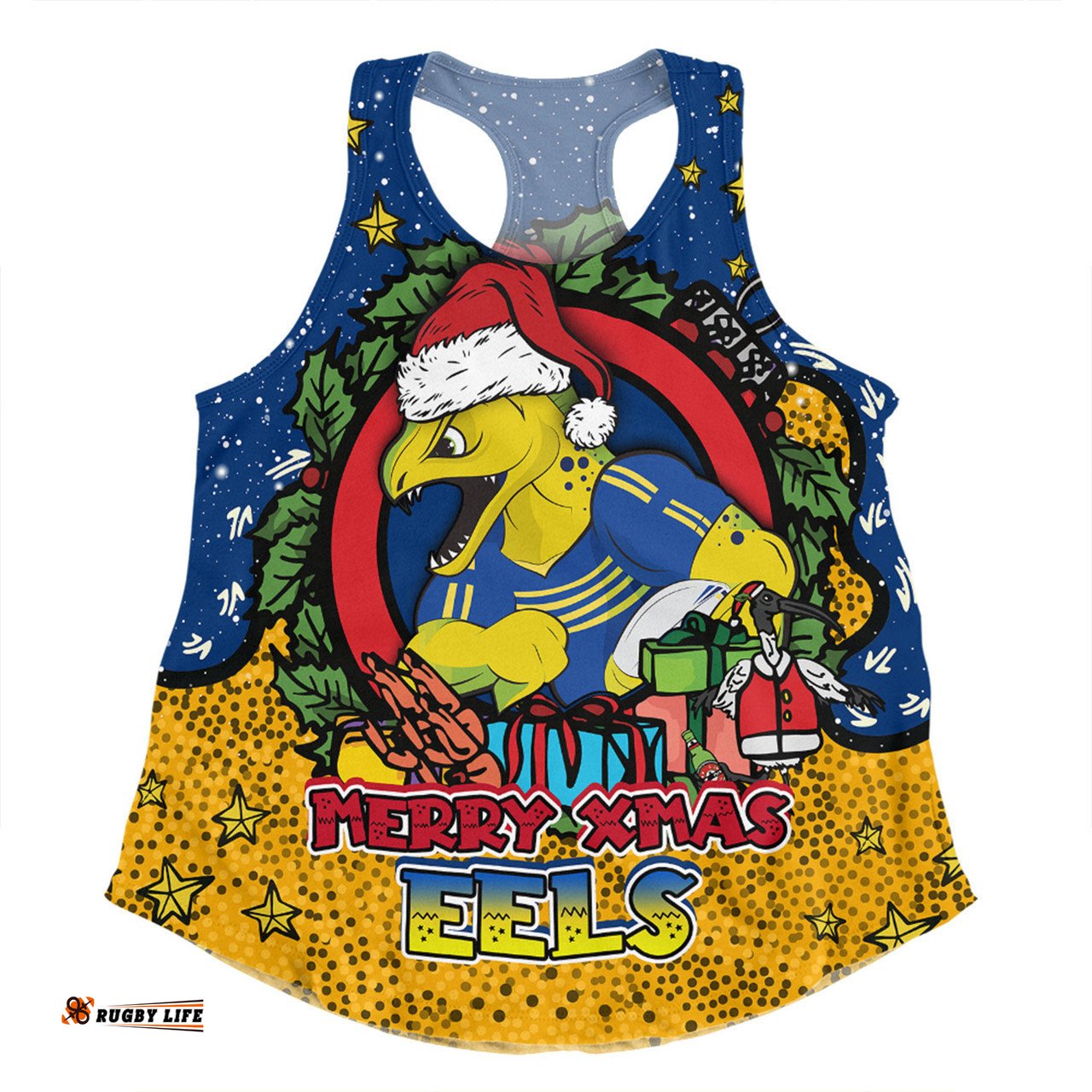 Parramatta Eels Christmas Custom Women Racerback Singlet - Merry Christmas Our Beloved Team With Aboriginal Dot Art Pattern Women Racerback Singlet
