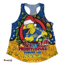Parramatta Eels Christmas Custom Women Racerback Singlet - Merry Christmas Our Beloved Team With Aboriginal Dot Art Pattern Women Racerback Singlet