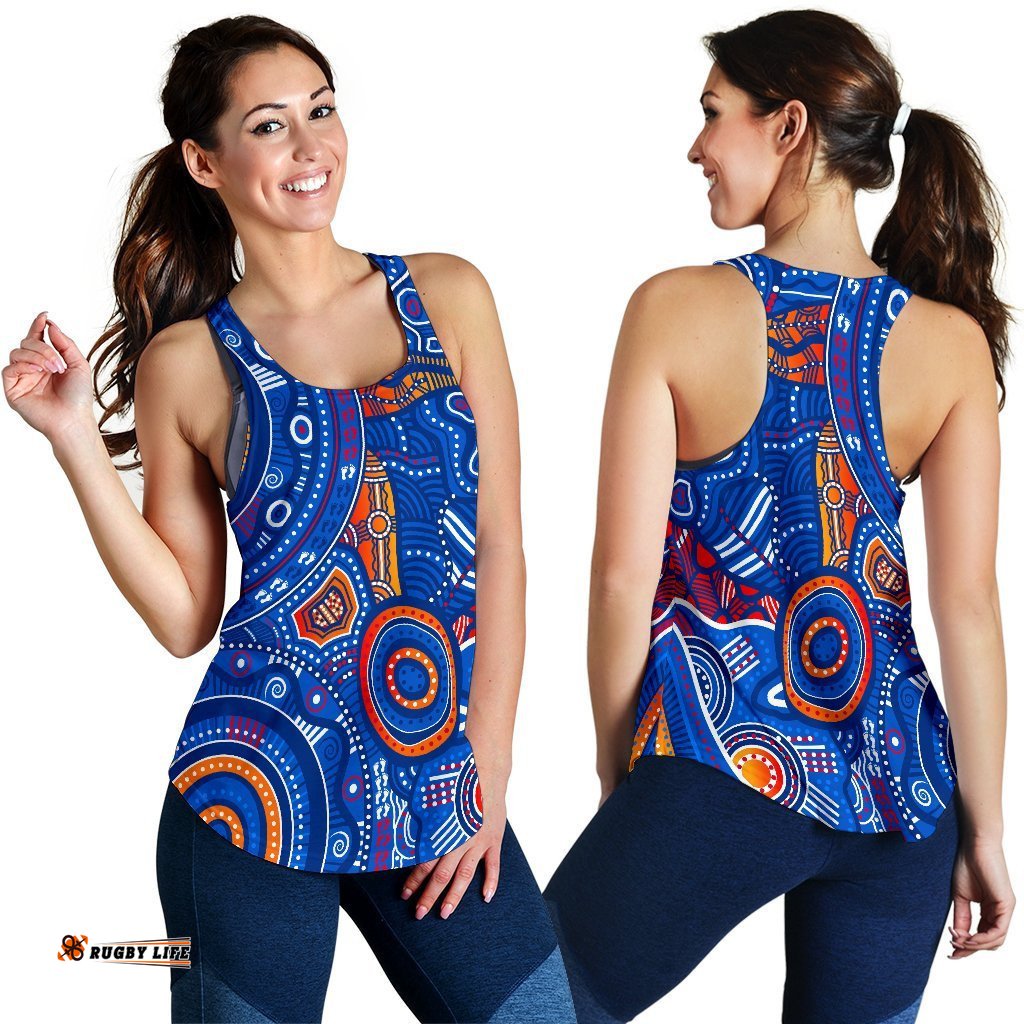 Aboriginal Women's Racerback Tank Indigenous Footprint Patterns Blue Color