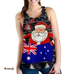 Christmas Personalised Women's Racerback Tank Australia Santa Claus Hold The Flag Black