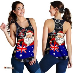 Christmas Personalised Women's Racerback Tank Australia Santa Claus Hold The Flag Black