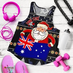 Christmas Personalised Women's Racerback Tank Australia Santa Claus Hold The Flag Black