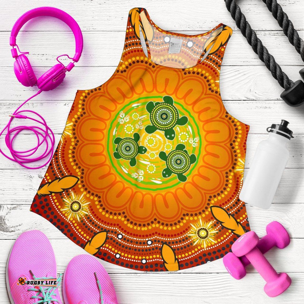 Australia Aboriginal Inspired Women Racerback Tank  - Turtle Circle Dot Painting Art