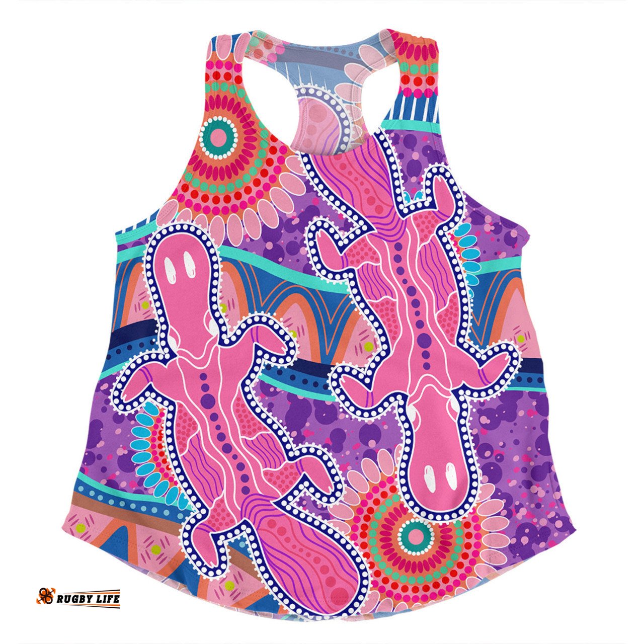 Australia Platypus Aboriginal Women Racerback Singlet - Pink Platypus With Aboriginal Art Dot Painting Patterns Inspired Women Racerback Singlet