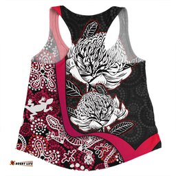Australia  Warratah Goanna Aboriginal Women Racerback Singlet - Waratah Flowers With Red Lizards, Stones, Sand Dot Art Painting Inspired Women Racerback Singlet
