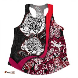 Australia  Warratah Goanna Aboriginal Women Racerback Singlet - Waratah Flowers With Red Lizards, Stones, Sand Dot Art Painting Inspired Women Racerback Singlet
