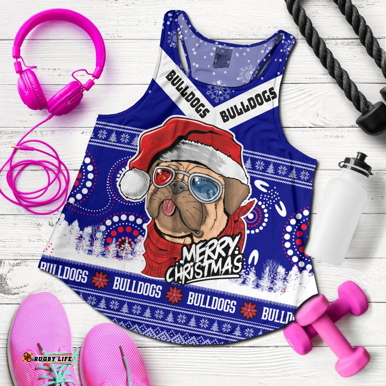 Canterbury-Bankstown Bulldogs Women Racerback Tank - Canterbury-Bankstown Bulldogs Ugly Christmas And Aboriginal Patterns Women Racerback Tank