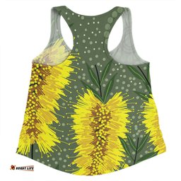 Australia Aboriginal Women Racerback Singlet - Yellow Bottle Brush Flora In Aboriginal Painting Women Racerback Singlet