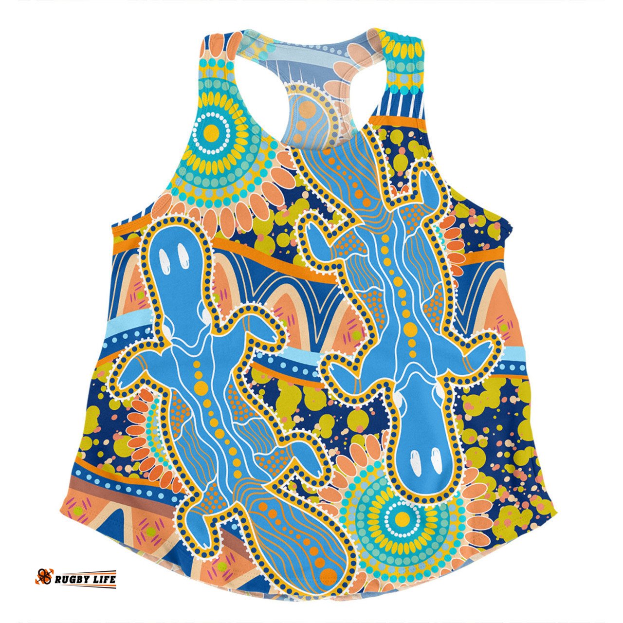 Australia Platypus Aboriginal Women Racerback Singlet - Blue Platypus With Aboriginal Art Dot Painting Patterns Inspired Women Racerback Singlet
