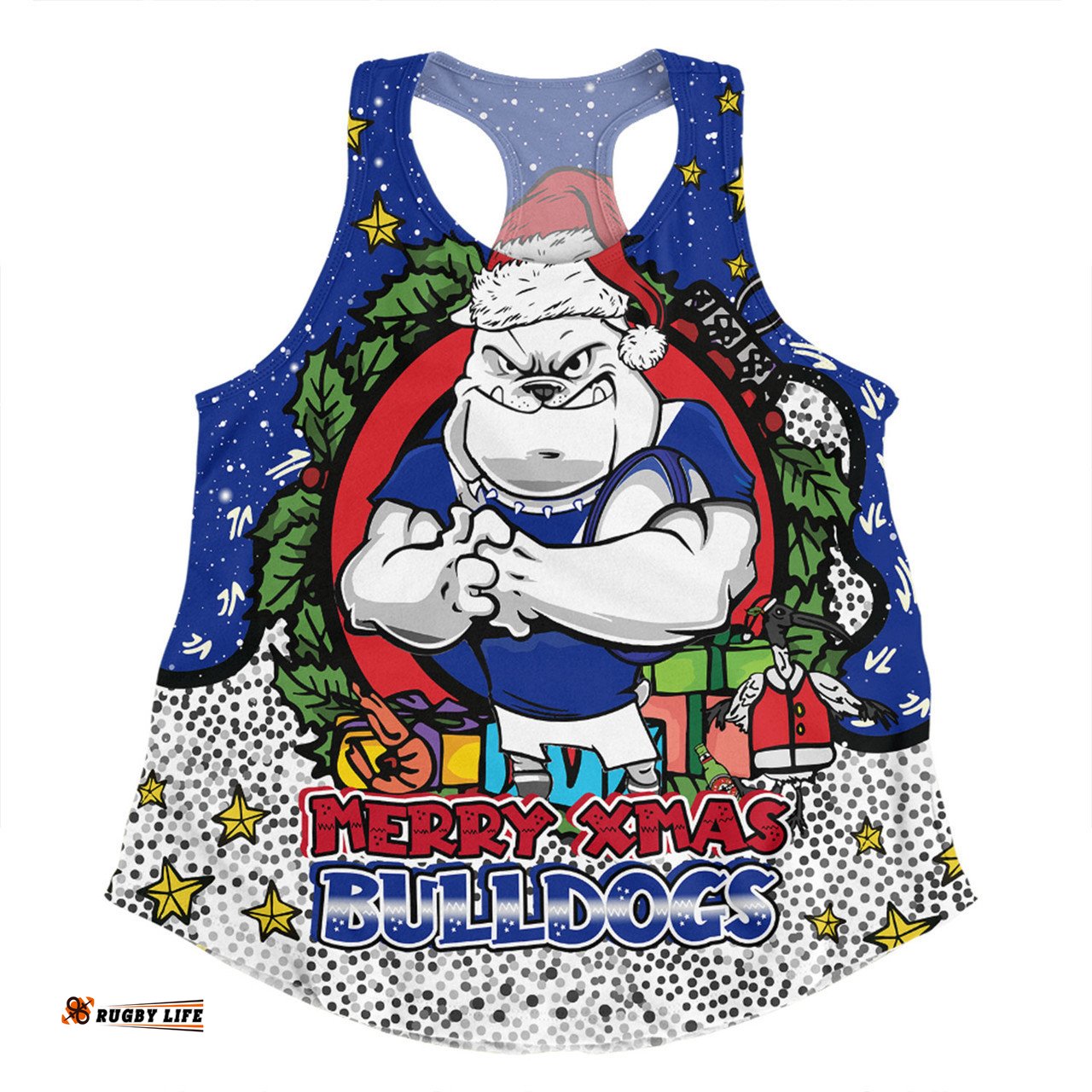Canterbury-Bankstown Bulldogs Christmas Custom Women Racerback Singlet - Merry Christmas Our Beloved Team With Aboriginal Dot Art Pattern Women Racerback Singlet