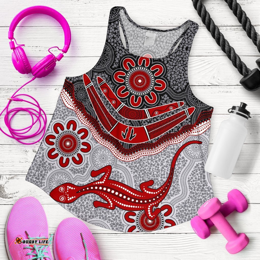 Aboriginal Women's Racerback Tank Indigenous Boomerang and Lizard Art