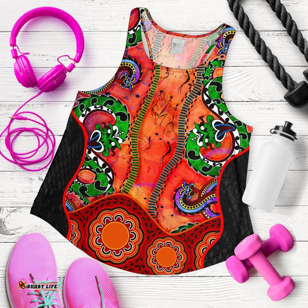 Aboriginal Women's Racerback Tank Aussie Indigenous Patterns Orange