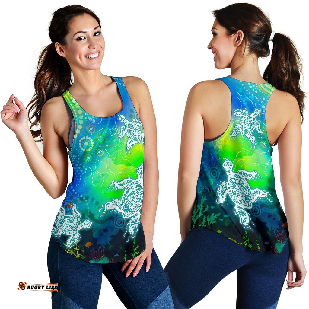 Aboriginal Women's Racerback Tank Indigenous Turtle Ocean Dot Painting Art